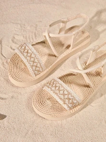 Tropiscape 時尚交叉帶低跟涼鞋帶外漏高跟鞋適合女士 - 米色 - 查看 3