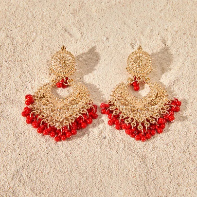 1pair Fashionable Zinc Alloy Bead Tassel Drop Earrings For Women For Daily Decoration