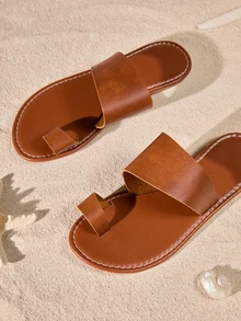 Tropiscape Women's Casual Flat Slippers With Toe Ring, Round Open Toe Anti-Slip Slides, Outdoor Beach Sandals Cottagecore,SummerOutfit - Brown - View 5