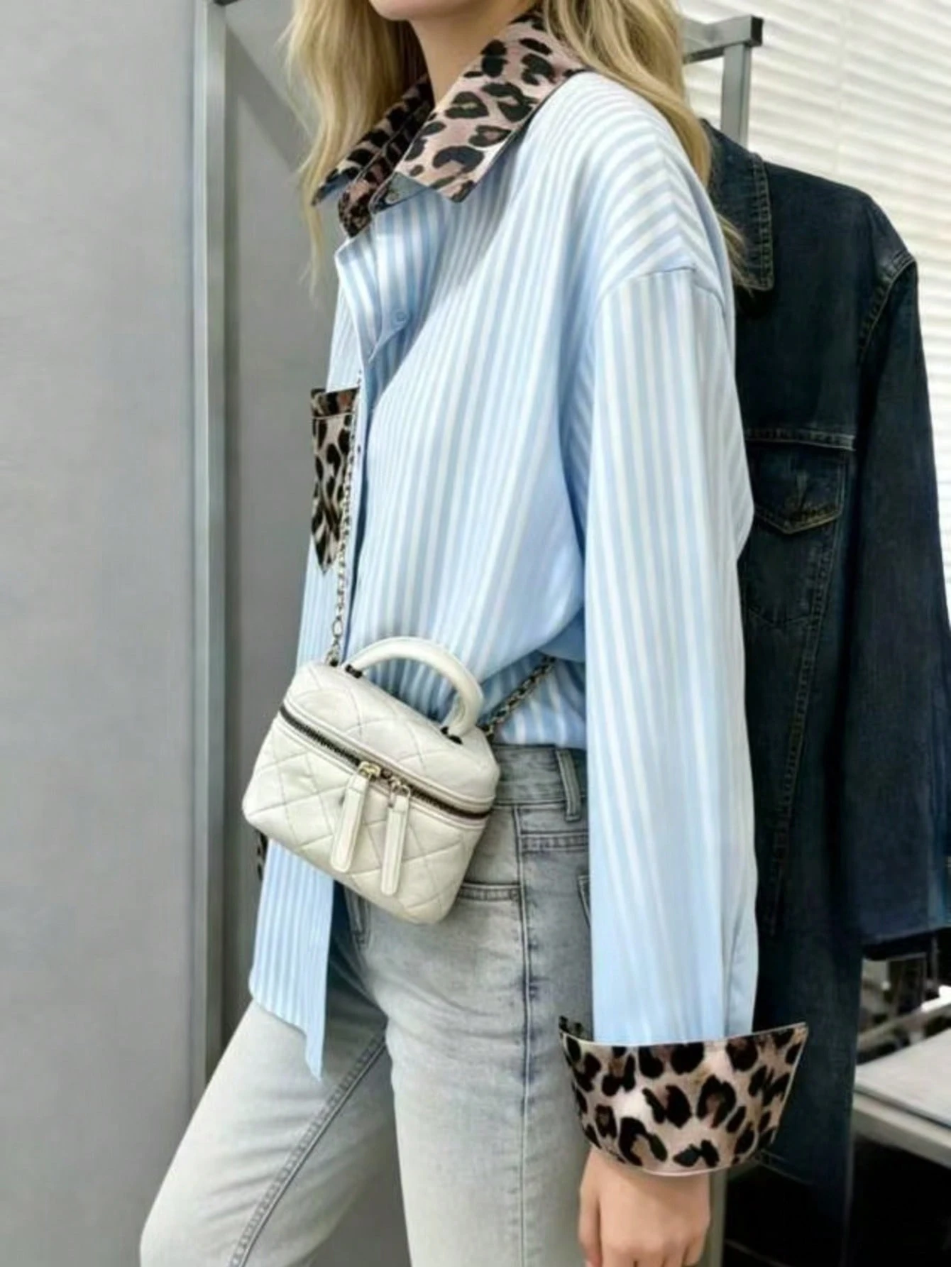 Spring And Summer Women's Striped Long-Sleeved Shirts, With Leopard Patterns On The Neckline And Cuffs. Suitable For Daily Casual Wear, Streetwear Women's Tops. - Blue - View 1