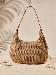 Tropiscape New French Woven Tote Bag, Large Capacity Beach Vacation Crossbody Shoulder Bag For Summer - Khaki - View 4