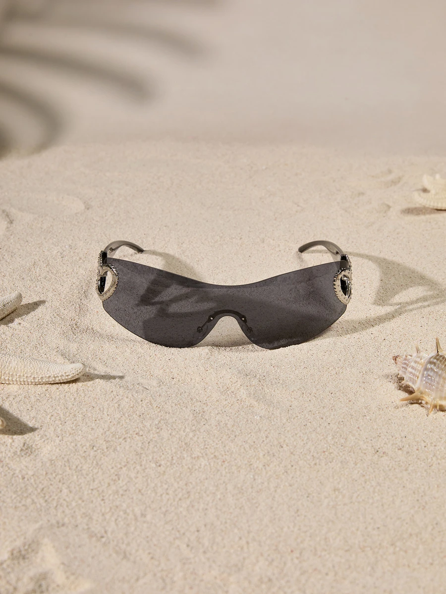 Tropiscape 1pc Plastic Frameless Wrap-Around Decorative Fashion Fashion Glasses Y2K Fest Music Fest For Summer Beach Vacation, Outdoor, Travel Preppy Style For Back To School - Dark Grey - View 1