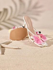 Tropiscape 法式方头优雅纯色度假时尚沙滩女神PU皮花卉装饰温柔女神度假风细高跟凉鞋，适合沙滩、度假、高跟凉鞋、女士凉鞋、婚礼、夏季、猫跟鞋 - 玫紅色 - 查看 3