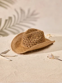 Tropiscape 1 件手工编织时尚巴拿马牛仔草帽，波西米亚海滩太阳帽，防紫外线，防风休闲遮阳帽 - 卡其色 - 查看 2