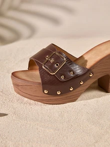 Tropiscape 2025年新款女士高跟凉鞋，动物印花金属铆钉复古厚底拖鞋 - 咖啡棕 - 查看 2