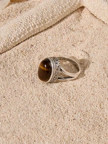 Tropiscape 1pc Fashionable Oval Tiger Eye Stone Ring, Ladies Gemstone Ring, Mother's Day Gift - Tiger Eye Stone - View 5