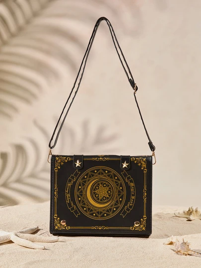 Tropiscape 1个日式星月魔法书造型PU单肩包，翻盖式日常百搭斜挎包，小容量2D装饰包，带透明层，适合搭配洛丽塔公主裙、JK制服，可爱甜美风格，女士必备