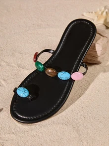 Tropiscape Women's Summer New Elegant Cute Comfortable Colorful Jewel Embellished Flat Sandals, Large Size White Cottagecore,SummerOutfit - Black - View 5