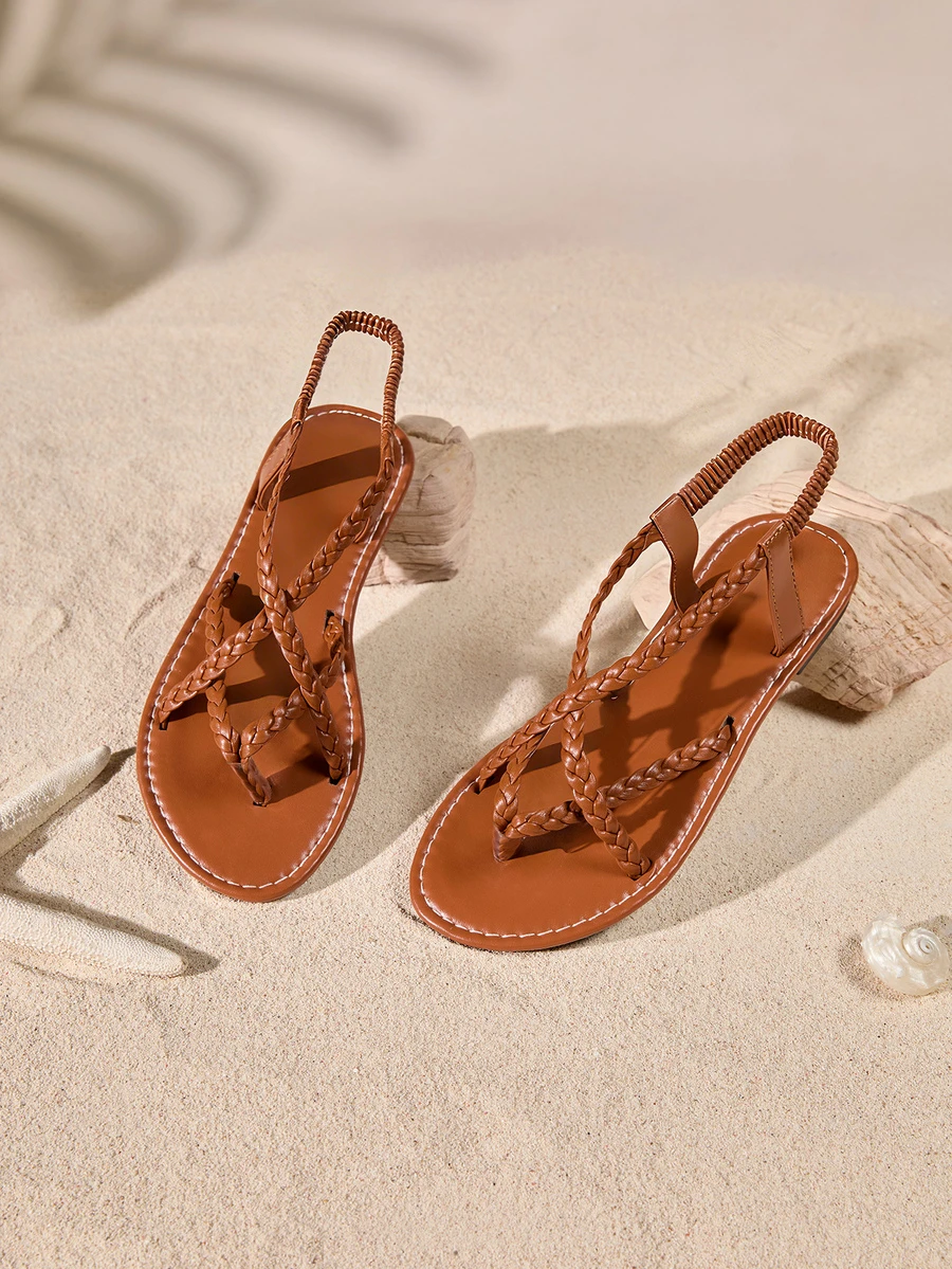 Tropiscape Women's New Woven Flat Sandals, Black/Brown/White, Thong Slippers, Solid Color Open Toe Anti-Slip Slides, Outdoor & Indoor Wear, Fashion Daily Casual Flat Beach Shoes, Bohemian Criss-Cross Strap Flat Sandals, Comfort Lightweight Hollow-Out Open Toe Flats, High-Top Roman Sandals, Gold/Black Flat Sandals, Beach Shoes Cottagecore,SummerOutfit - Brown - View 1