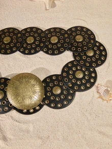 Tropiscape Boho 1pc Pu Women's Black Western Style Hollow Out Metal Round Buckle Belt Halloween Summer, School Fall, Autumn, Halloween - Black - View 5