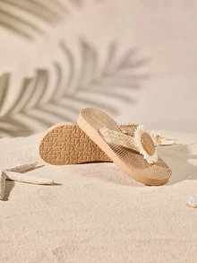 Tropiscape Women's Wedge Sandals Low Heel Ladies Sandals Rope Women Slippers Criss-Cross Straps Open Toe Slip On Casual Everyday Outdoor Vacation Beach Travel Beige Brown Sandals Sunflower Daisy Decor Flip Flops Cottagecore,SummerOutfit - Beige - View 5