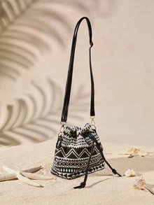 Tropiscape 新款迷你中国风布艺单肩包，书法单肩包，复古印花水桶包，女士休闲时尚手提包，春季托特包 - 黑色 - 查看 3