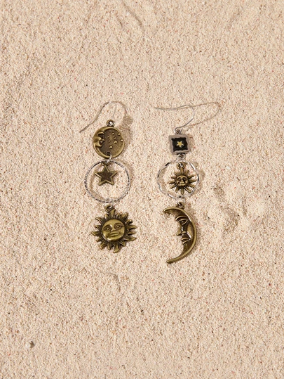 Tropiscape 1 对复古创意月亮和太阳长吊坠耳环，男士时尚珠宝