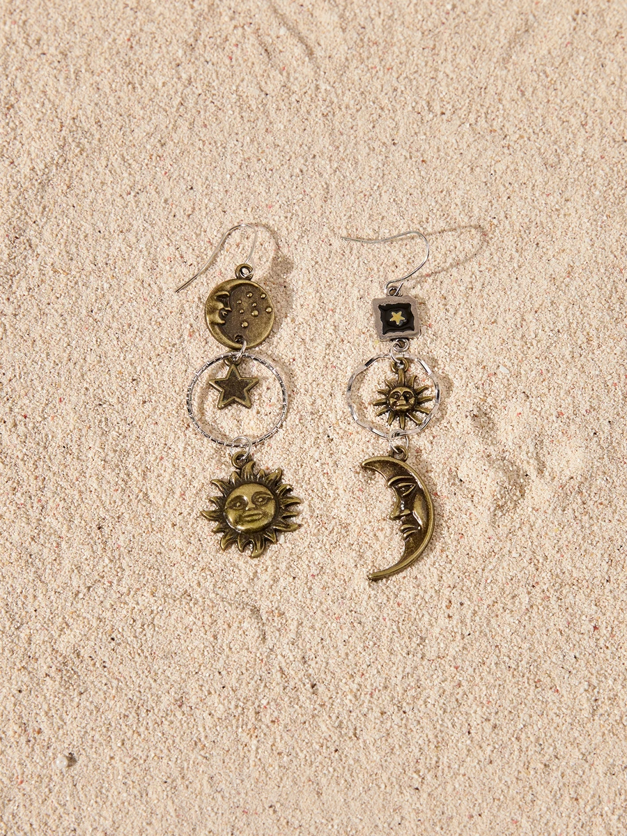 Tropiscape 1 Pair Retro Creative Moon & Sun Long Pendant Earrings, Fashion Jewelry For Men - Multicolor - View 1