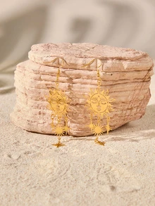 Tropiscape 2pcs Retro Alloy Bohemian Handmade Sun Face Hollow Out Star Pattern Pendant Earrings For Women Daily Wear - Yellow Gold - View 4