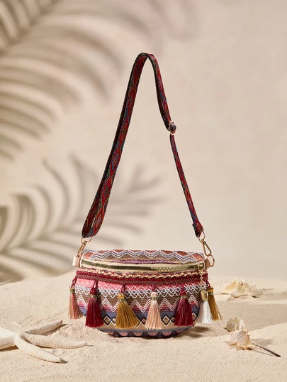 Tropiscape 1个帆布腰包，流苏装饰几何刺绣腰包，时尚斜挎胸包，女士，大容量设计，适合通勤、旅行和购物（流苏数量和颜色随机）