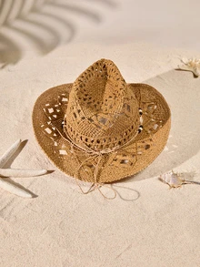 Tropiscape 1 件波西米亚贝壳镂空草编太阳帽，西部牛仔沙滩帽，适合女性夏季海滩度假、度假、返校装、校园派对 - 卡其色 - 查看 2