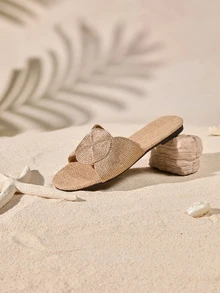 Tropiscape Women's Flat Sandals With Round Decor, Woven Rope Sole, Comfortable Non-Slip Slide Sandals For Summer Vacation, Open Toe Bohemian Style Embroidered Woven Sandals, Slip-On Khaki Slippers, Essential Home Slippers Cottagecore,SummerOutfit - Khaki - View 2
