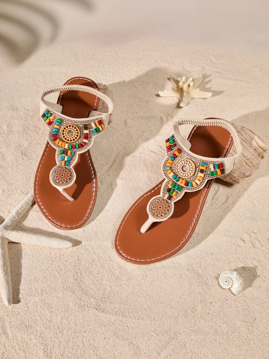 Tropiscape Latest Bohemian Style Roman Flat Sandals, Brown Toe Post Women Flat Sandals - Beige - View 1