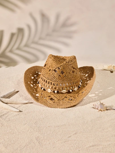 Tropiscape 1 件波西米亚贝壳镂空草编太阳帽，西部牛仔沙滩帽，适合女性夏季海滩度假、度假、返校装、校园派对
