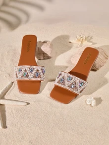 Tropiscape New Plus Size Waterdrop Beaded Flat Sandals, Women Open-Toe Strap Lightweight Comfortable Beach Slippers Cottagecore,SummerOutfit - Brown - View 1