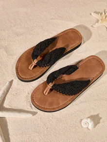 Tropiscape New Original Design American Simple And Elegant Fairy Style Lace Slippers, Seaside Vacation Sexy, Bright And Charming, High Grade, Open Toe Breathable, Lightweight And Comfortable Hollow Black Lace Sandal - Black - View 3