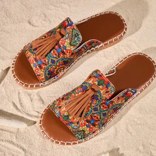 Tropiscape Women's Fringe Decor Flat Sandals, Beach Wet Water Slippers, Non-Slip Wear-Resistant Fashion Versatile Cottagecore,SummerOutfit - Multicolor - View 1