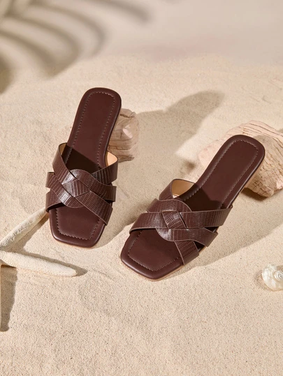 Tropiscape 2025年新款女士时尚平底凉鞋，简约方头休闲/假日一脚蹬平底鞋，动物印花交叉绑带，纯色