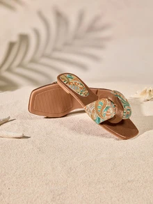Tropiscape Nuevas sandalias para mujer 2026 Populares sandalias de tacón bajo tipo slip-on Sandalias casuales para mujer Zapatos de playa de punta abierta Tallas grandes 41-44 Cottagecore, Atuendo de verano - Bronce - Ver 2