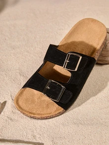 Vintage Design à double boucle + semelle en liège souple, orteil ouvert respirant, convient pour le port en extérieur et en intérieur, s'adapte à différents types de pieds Cottagecore, Tenue d'été - Noir - Voir 2