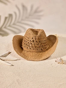 Tropiscape 1 件手工编织时尚巴拿马牛仔草帽，波西米亚海滩太阳帽，防紫外线，防风休闲遮阳帽 - 卡其色 - 查看 1