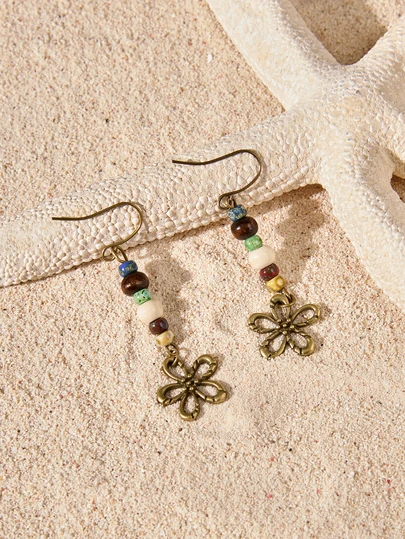 Tropiscape 2pcs Floral Natural Stone Earrings, Boho Metal Colorful Pendants, Women's Daily Party Casual Outfits Accessories