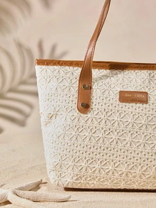 Tropiscape 1 件棕色尼龙面料顺滑拉链铆钉镂空点缀时尚百搭休闲夏季新款小众大容量单肩托特包，适合女性日常使用 - 棕色 - 查看 5