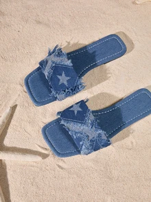 Tropiscape 女士时尚方头平底凉鞋，春夏季百搭一脚蹬平底凉鞋 - 藍色 - 查看 3