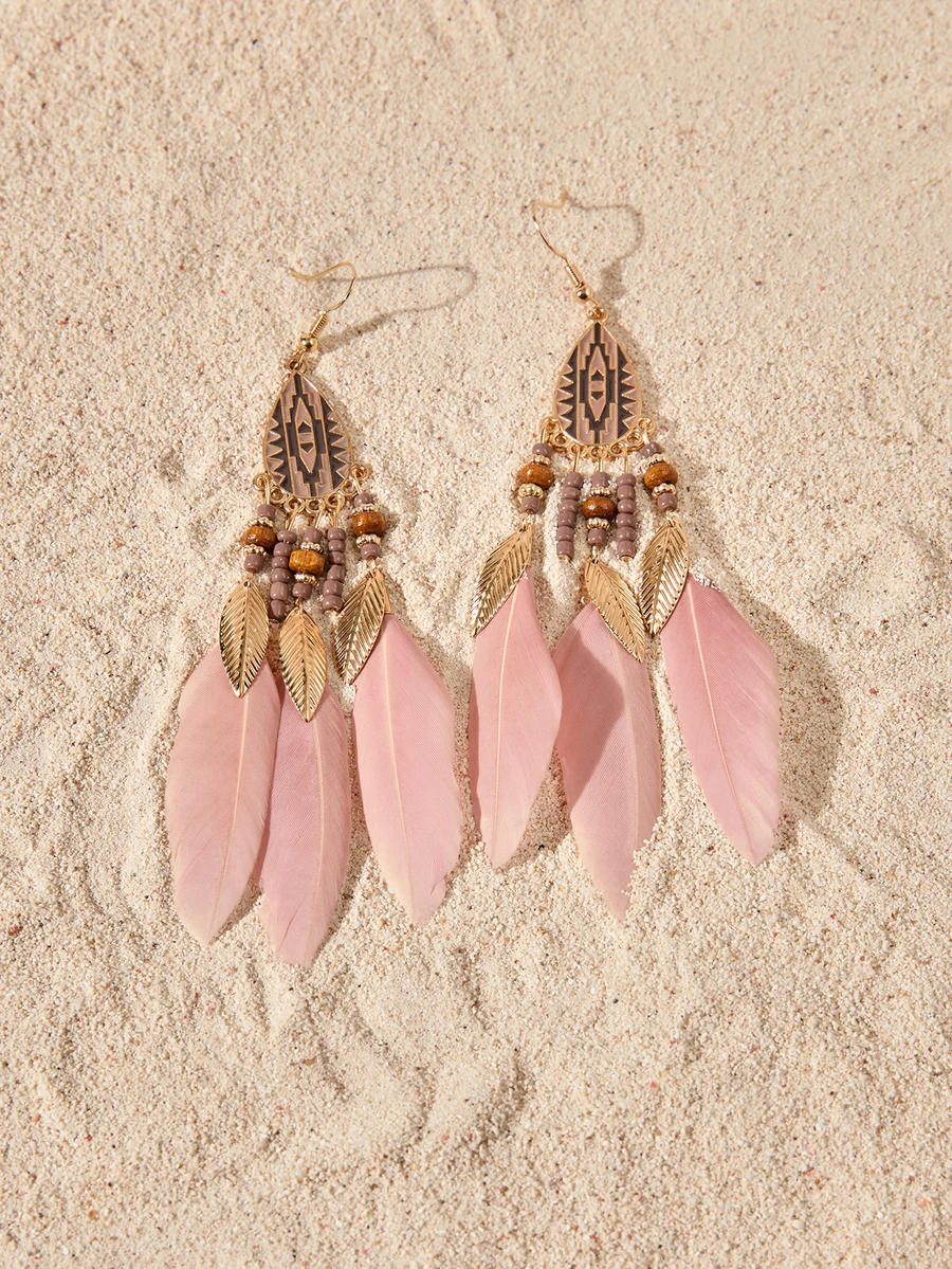 Tropiscape 2pcs/Set Women Feather Tassel Earrings, Fashion Versatile For Daily Wear - Multicolor - View 1