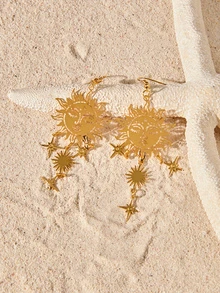 Tropiscape 2pcs Retro Alloy Bohemian Handmade Sun Face Hollow Out Star Pattern Pendant Earrings For Women Daily Wear - Yellow Gold - View 5