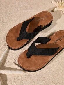 Tropiscape Women's Fashion Shoes Black Summer Shoes Imitation Straw Weaving Flat Shoes Casual Beach Ladies Slip-On Sandals Imitation Sole Flip Flops - Black - View 3