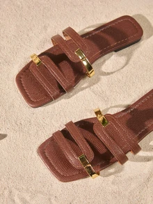 女士新款棕色方头金色带镂空露趾休闲一脚蹬凉鞋，适合夏季度假、海滩、日常穿着 - 棕色 - 查看 2