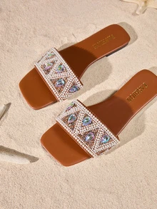 Tropiscape New Plus Size Waterdrop Beaded Flat Sandals, Women Open-Toe Strap Lightweight Comfortable Beach Slippers Cottagecore,SummerOutfit - Brown - View 2