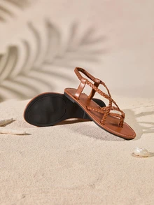 Tropiscape Women's New Woven Flat Sandals, Black/Brown/White, Thong Slippers, Solid Color Open Toe Anti-Slip Slides, Outdoor & Indoor Wear, Fashion Daily Casual Flat Beach Shoes, Bohemian Criss-Cross Strap Flat Sandals, Comfort Lightweight Hollow-Out Open Toe Flats, High-Top Roman Sandals, Gold/Black Flat Sandals, Beach Shoes Cottagecore,SummerOutfit - Brown - View 2