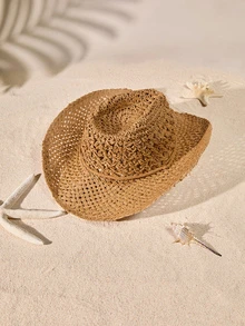 Tropiscape Boho 1pc Ladies' Hollow Out Woven Straw Hat In Beige With Western Cowboy Style Design, Sunscreen, Breathable, And Windproof Rope For Beach Vacation And Daily Wear In Summer - Khaki - View 3