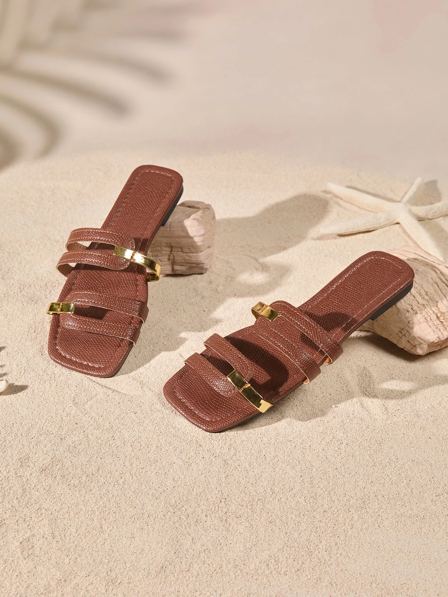 女士新款棕色方头金色带镂空露趾休闲一脚蹬凉鞋，适合夏季度假、海滩、日常穿着 - 棕色 - 查看 1