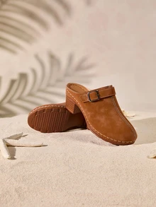 Tropiscape Giày mule thời trang nữ: Thiết kế gót chunky, phù hợp để phối cùng quần jeans/chân váy, trang trí khóa kiểu bohemian thanh lịch, phong cách cottagecore, trang phục mùa hè. - màu nâu - Xem 4