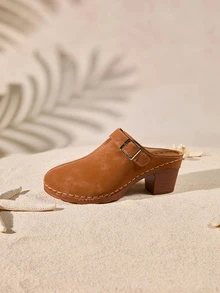 Tropiscape Giày mule thời trang nữ: Thiết kế gót chunky, phù hợp để phối cùng quần jeans/chân váy, trang trí khóa kiểu bohemian thanh lịch, phong cách cottagecore, trang phục mùa hè. - màu nâu - Xem 3