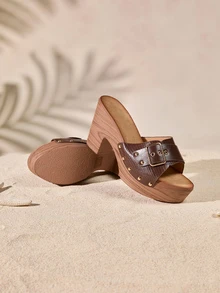 Tropiscape 2025年新款女士高跟凉鞋，动物印花金属铆钉复古厚底拖鞋 - 咖啡棕 - 查看 4