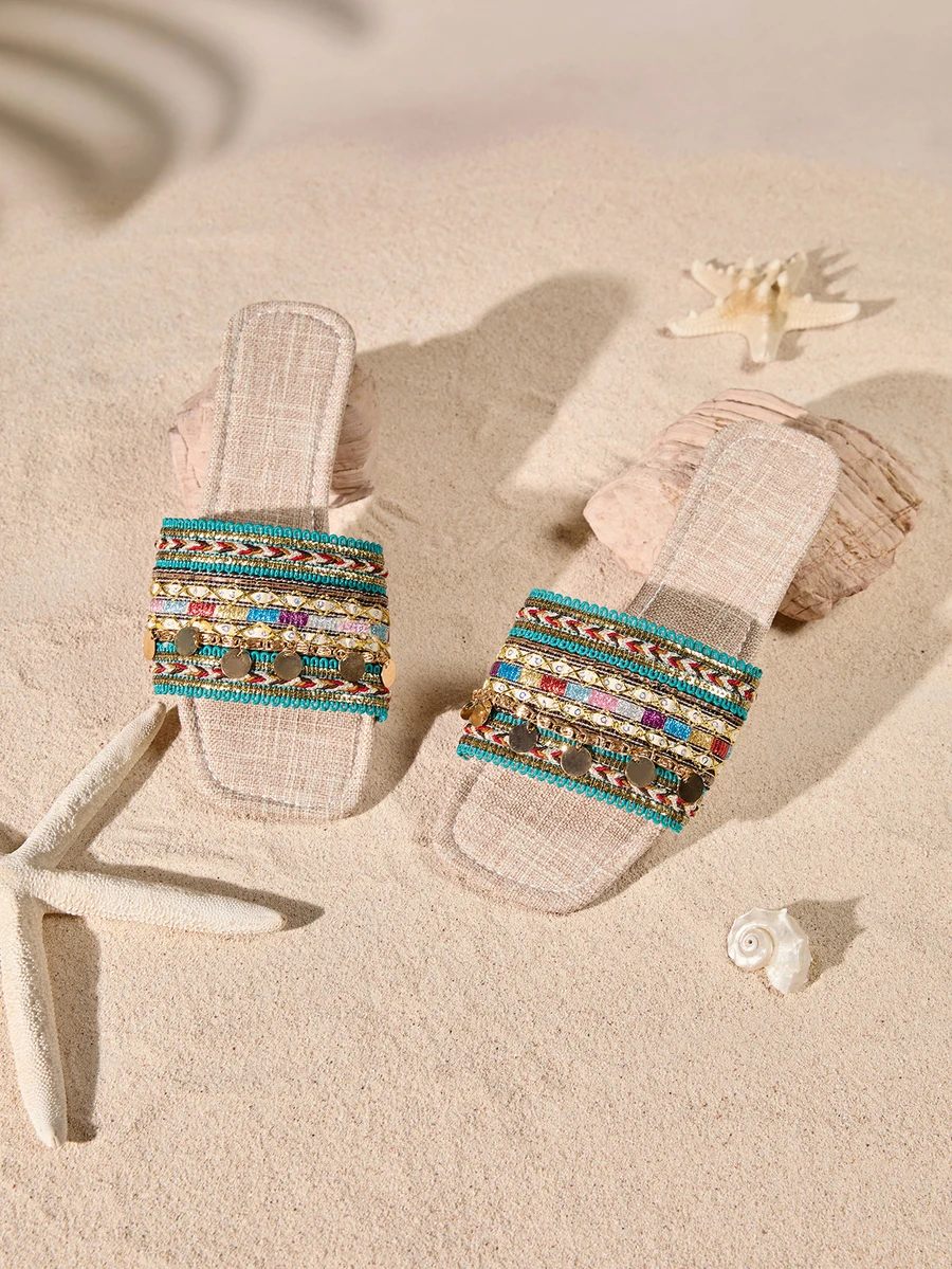 Tropiscape Green Summer Chain Embroidery Flat Sandals, Bohemian Style Beaded Vacation Party Slippers, Woven Directional Unfix Slides - Green - View 1