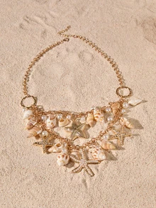 Tropiscape Conch & Starfish Charm Layered Necklace - Yellow Gold - View 1