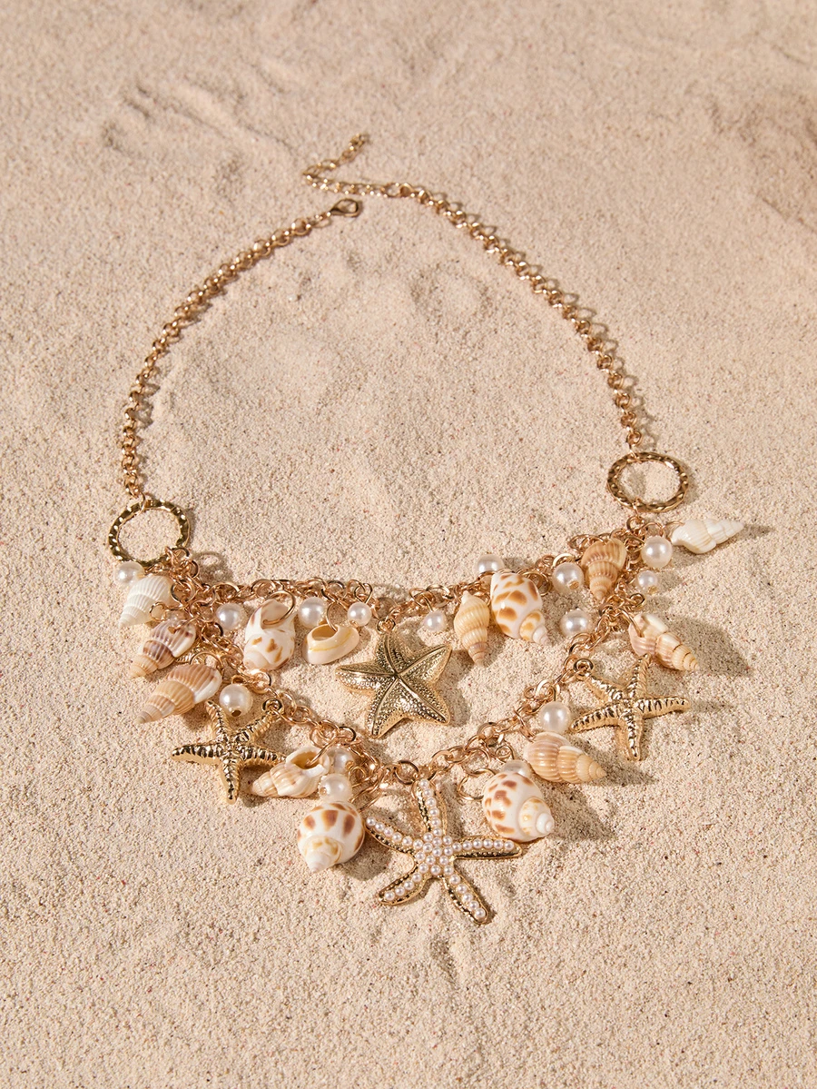 Tropiscape Conch & Starfish Charm Layered Necklace - Yellow Gold - View 1