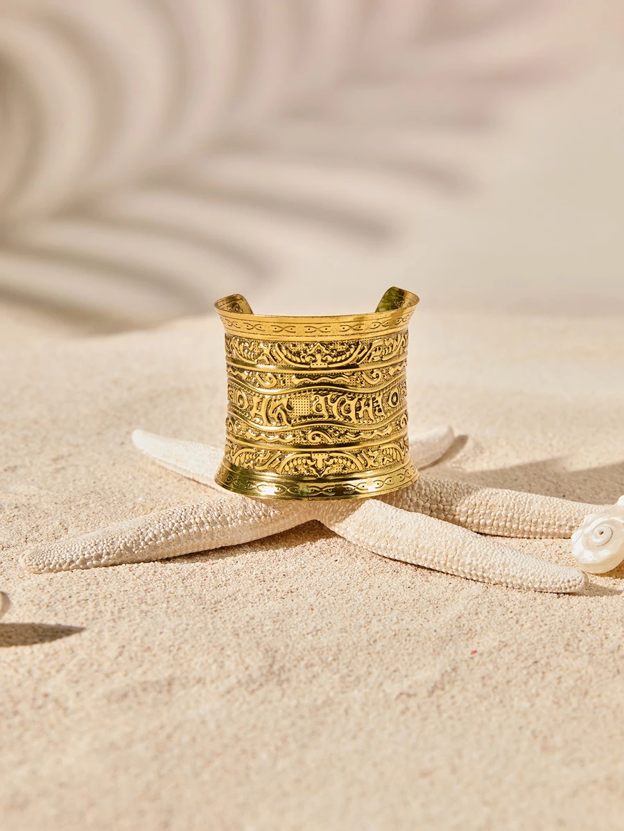 Tropiscape 1入復古風格開口臂環，配有古代文字和花卉圖案 - 銅色 - 查看 1