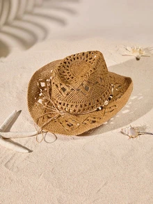 Tropiscape 1 件波西米亚贝壳镂空草编太阳帽，西部牛仔沙滩帽，适合女性夏季海滩度假、度假、返校装、校园派对 - 卡其色 - 查看 4